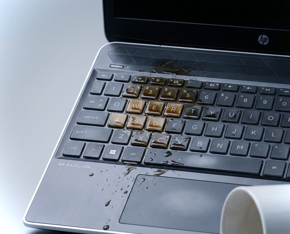 HP Pavilion com café derramado no teclado