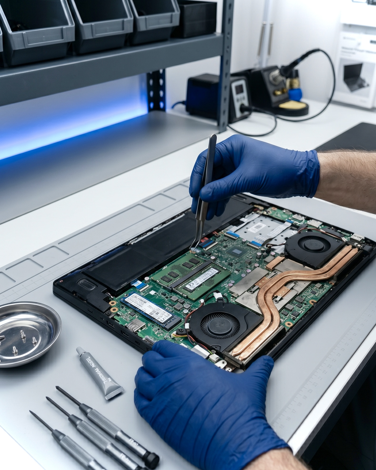 Técnico Cellairis fazendo manutenção em notebook profissional na bancada